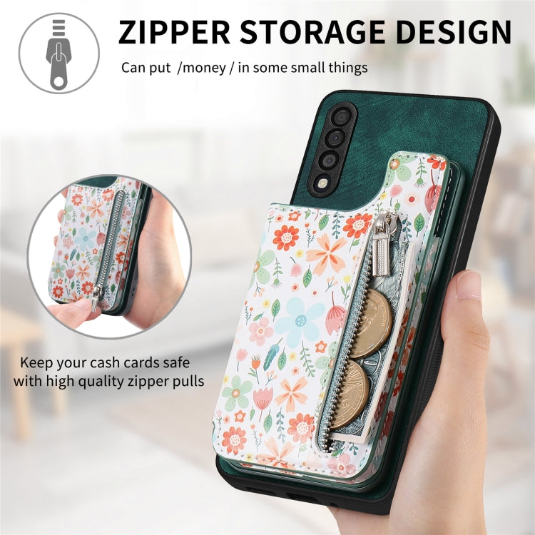 Retro painted zipper wallet case for Samsung Galaxy A32 5G, showcasing its stylish design and functional features.