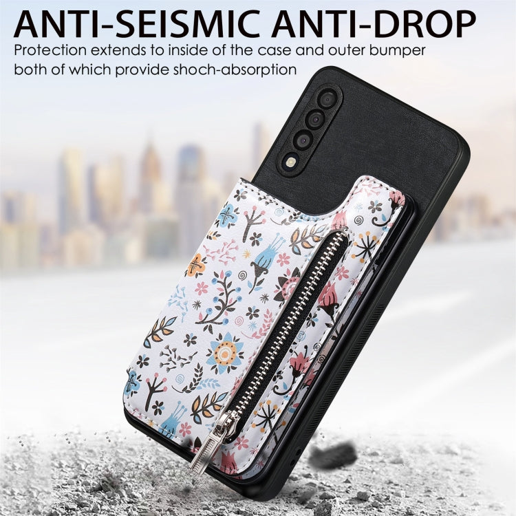 Samsung Galaxy A41 Retro Painted Zipper Wallet Case showcasing its stylish design and functional features.