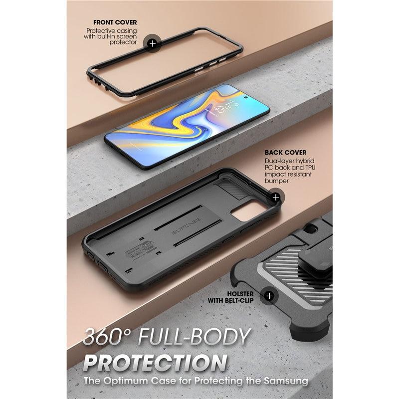 Rugged full-body case for Samsung Galaxy A51 with built-in screen protector and holster, available in black, blue, and red.
