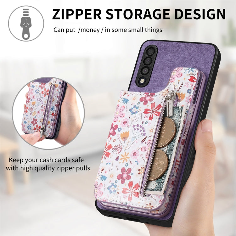 Samsung Galaxy A51 Retro Painted Zipper Wallet Case showcasing its stylish design and functional features.