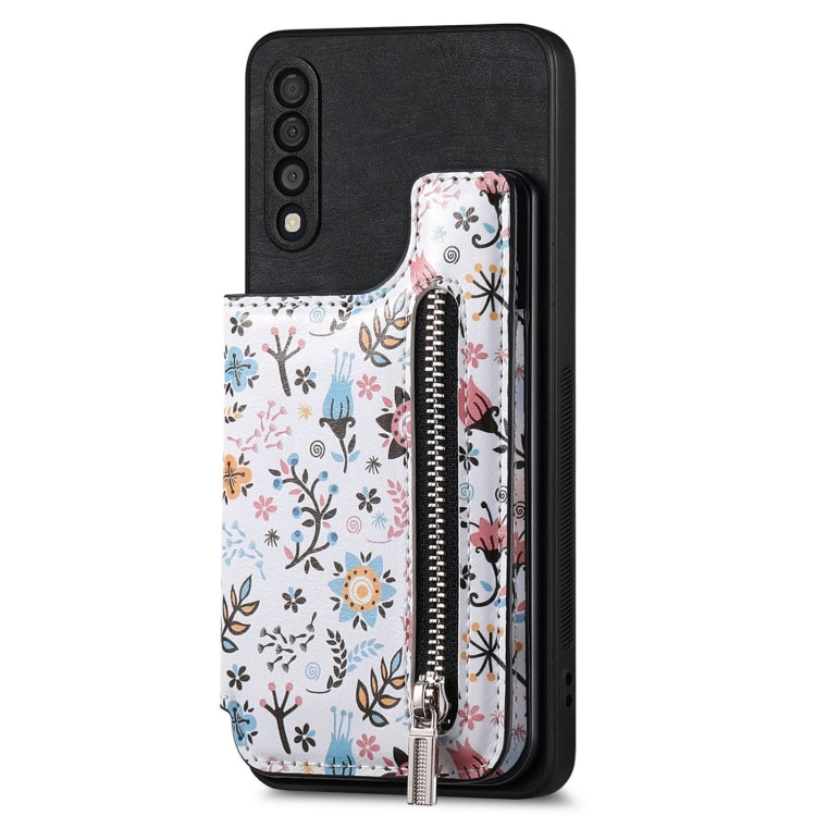 Samsung Galaxy A70/A70s Retro Painted Zipper Wallet Case showcasing its stylish design and functional features.