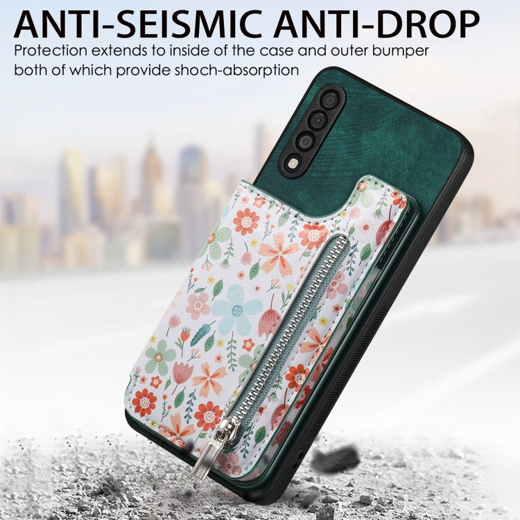 Retro painted zipper wallet case for Samsung Galaxy A71, showcasing card slots and kickstand feature.