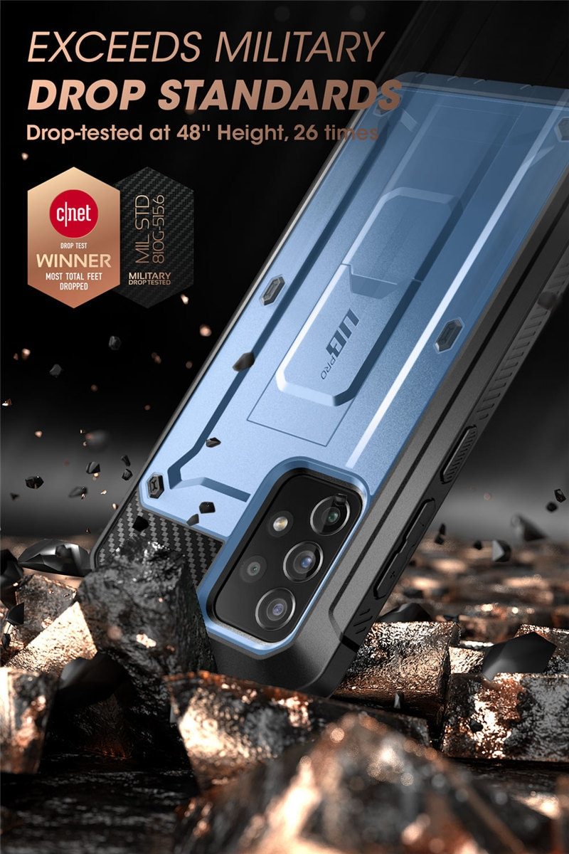 Samsung Galaxy A72 UB Pro Full-Body Rugged Case in black, showcasing its durable design and built-in screen protector.