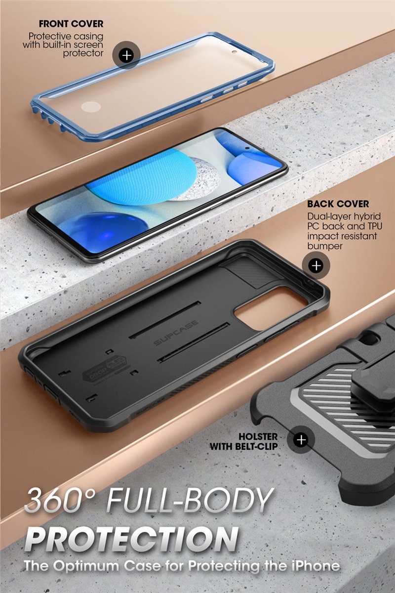 Samsung Galaxy A72 UB Pro Full-Body Rugged Case in black, showcasing its durable design and built-in screen protector.