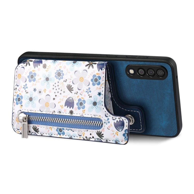 Samsung Galaxy M14 Retro Painted Zipper Wallet Case showcasing its stylish design and functional features.