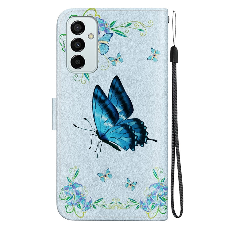 Samsung Galaxy M23/F23 leather case with crystal texture and wallet functionality, showcasing card slots and kickstand feature.