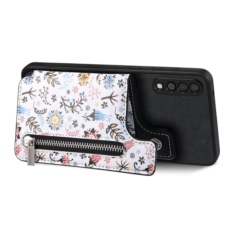 Samsung Galaxy M32 4G Retro Painted Zipper Wallet Back Phone case showcasing its stylish design and functional features.