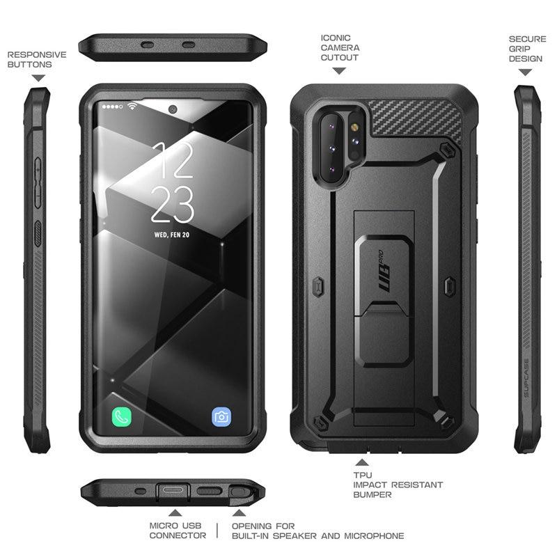 Samsung Galaxy Note 10 Plus UB Pro Full-Body Rugged Case in black, showcasing its durable design and kickstand feature.