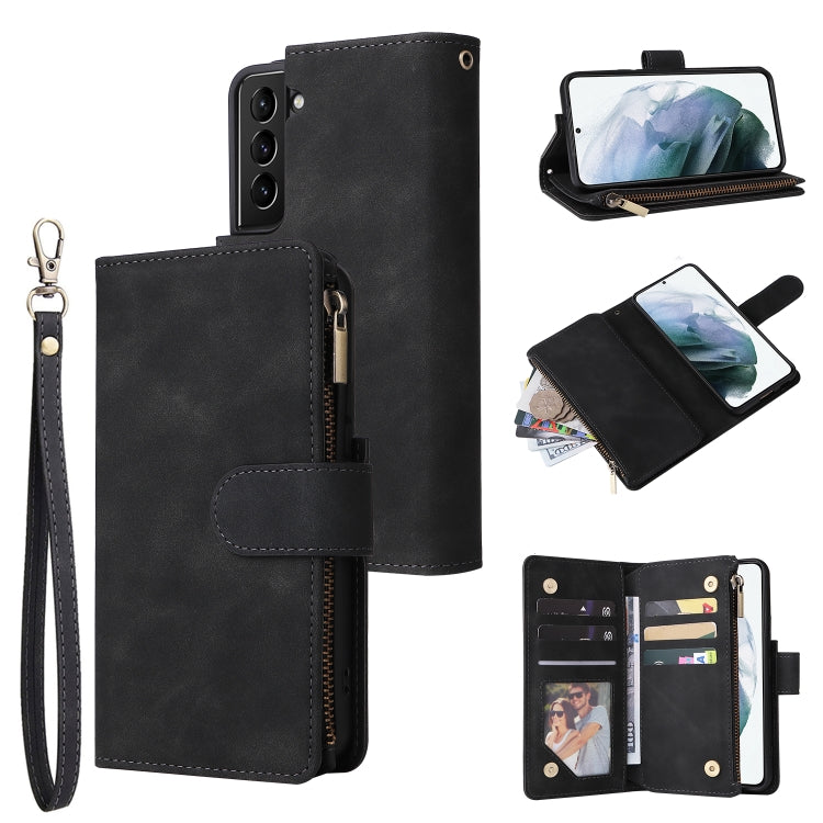 Multifunctional leather case for Samsung Galaxy S22 5G with card slots and flip stand design, showcasing its elegant and practical features.