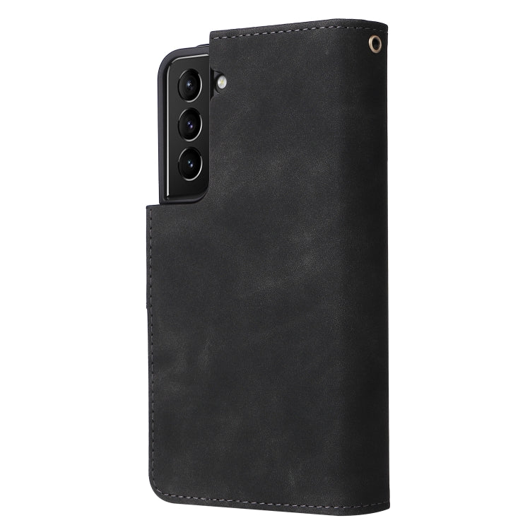 Multifunctional leather case for Samsung Galaxy S22 5G with card slots and flip stand design, showcasing its elegant and practical features.