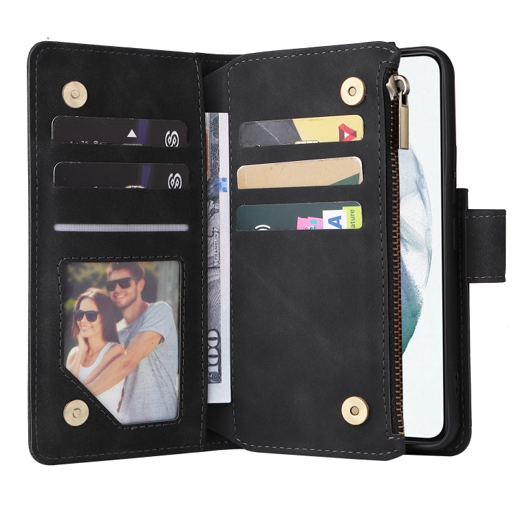 Multifunctional leather case for Samsung Galaxy S22 5G with card slots and flip stand design, showcasing its elegant and practical features.