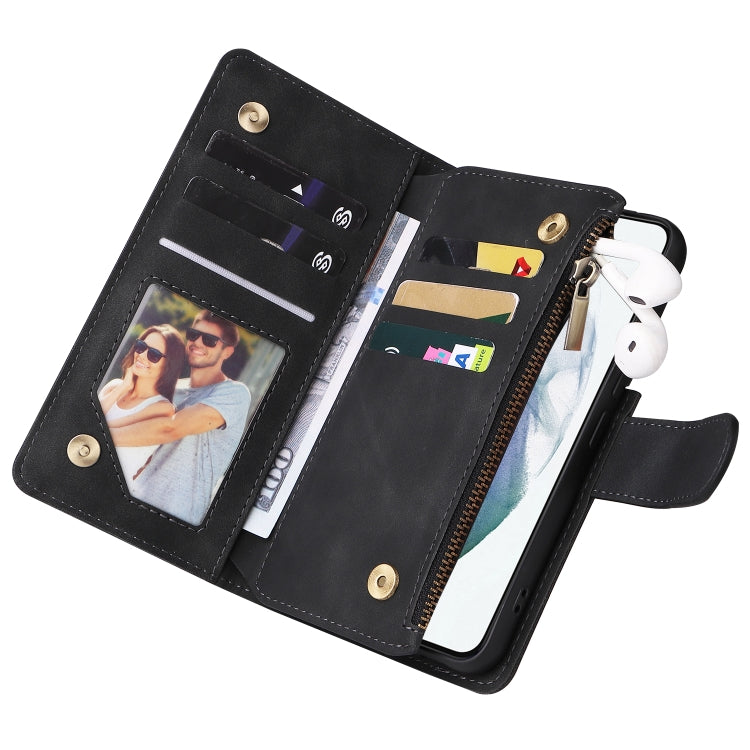 Multifunctional leather case for Samsung Galaxy S22 5G with card slots and flip stand design, showcasing its elegant and practical features.