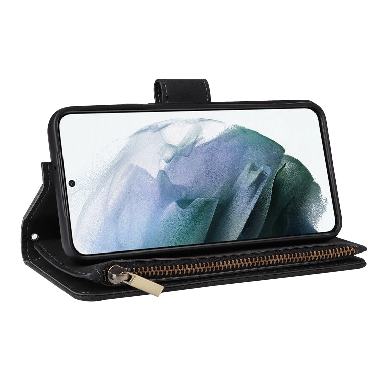 Multifunctional leather case for Samsung Galaxy S22 5G with card slots and flip stand design, showcasing its elegant and practical features.