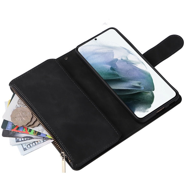 Multifunctional leather case for Samsung Galaxy S22 5G with card slots and flip stand design, showcasing its elegant and practical features.