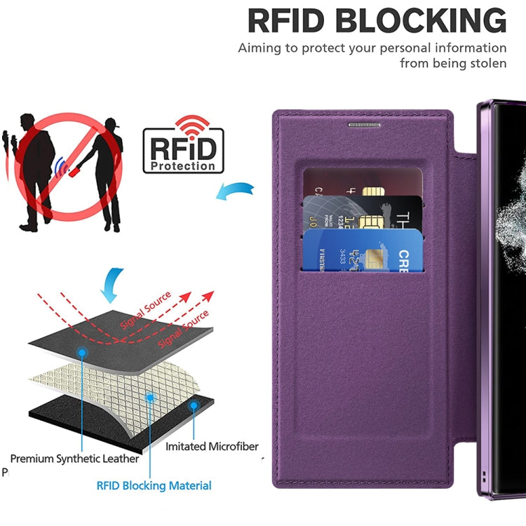 Samsung Galaxy S22 Ultra 5G case featuring MagSafe magnetic design and RFID anti-theft protection, showcasing its sleek and durable construction.