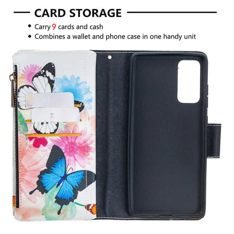 Samsung Galaxy S20 FE 5G case with colored drawing pattern and zipper design, showcasing its stylish and functional features.