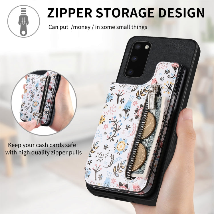 Retro painted zipper wallet case for Samsung Galaxy S21 FE 5G, showcasing its stylish design and functional features.