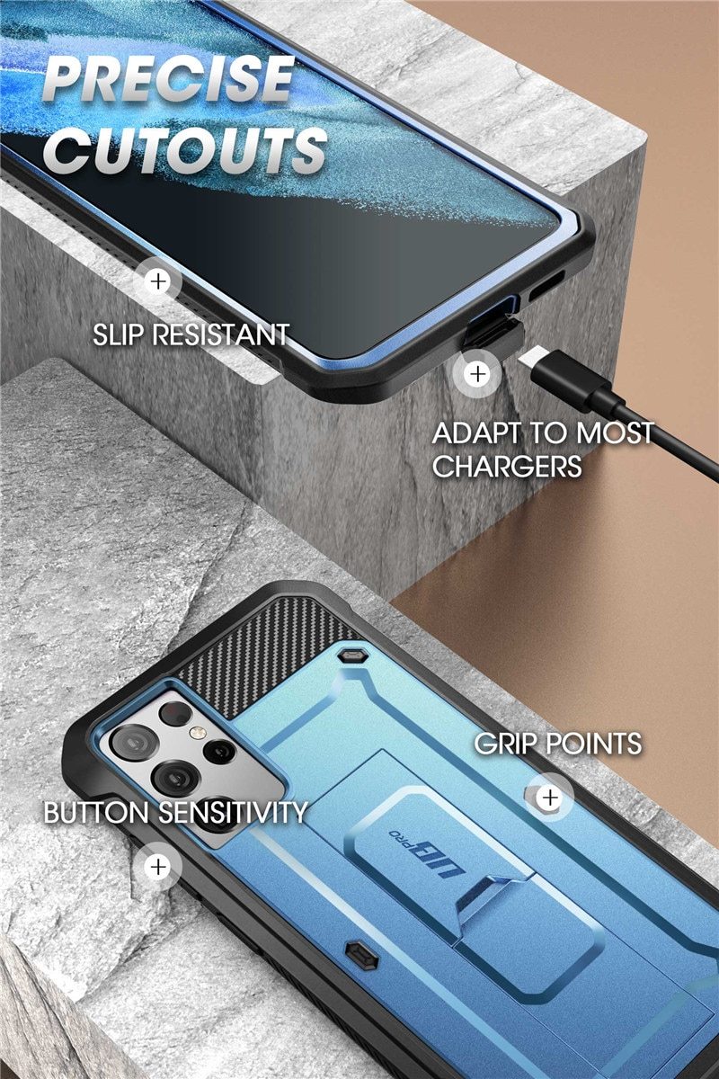 Samsung Galaxy S21 Ultra UB Pro Full-Body Case in black, showcasing rugged design and kickstand feature.