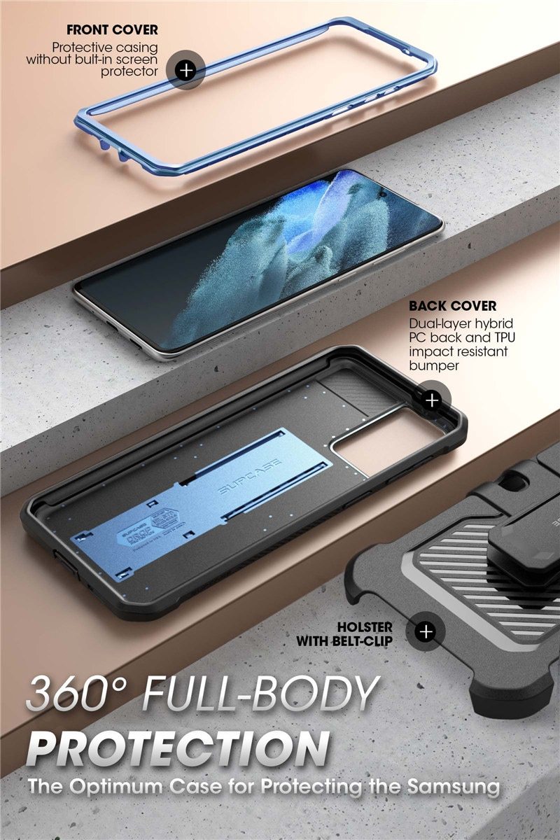 Samsung Galaxy S21 Ultra UB Pro Full-Body Case in black, showcasing rugged design and kickstand feature.