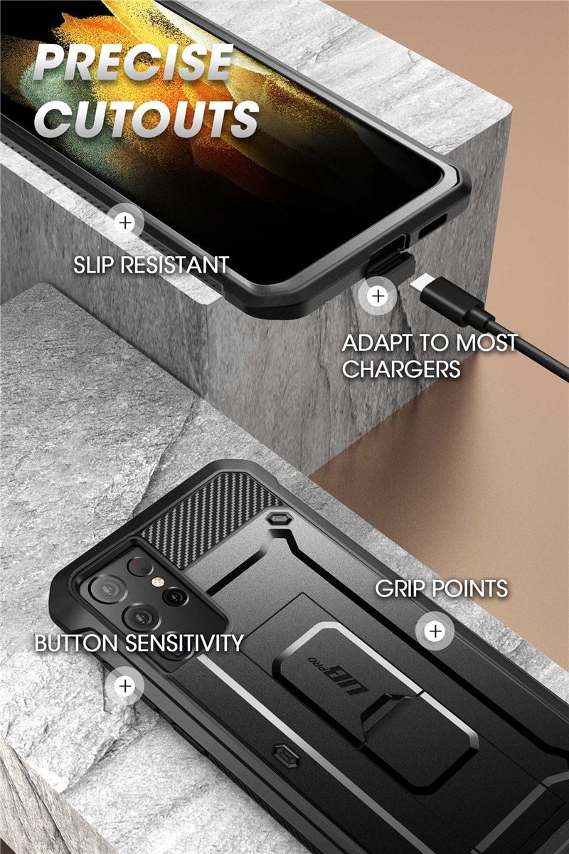 Samsung Galaxy S21 Ultra UB Pro Full-Body Case in black, showcasing rugged design and kickstand feature.
