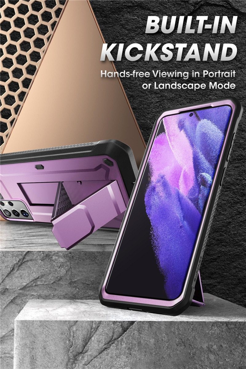 Samsung Galaxy S21 Ultra UB Pro Full-Body Case in black, showcasing rugged design and kickstand feature.