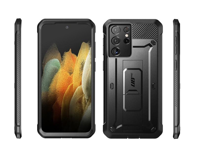 Samsung Galaxy S21 Ultra UB Pro Full-Body Case in black, showcasing rugged design and kickstand feature.