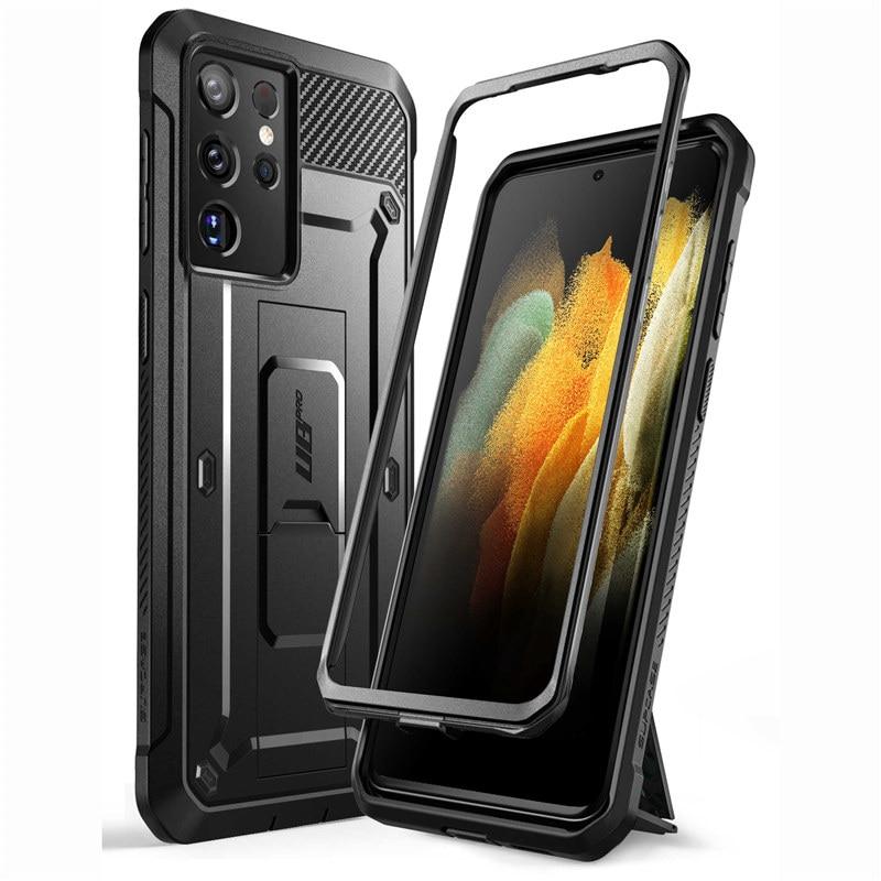 Samsung Galaxy S21 Ultra UB Pro Full-Body Case in black, showcasing rugged design and kickstand feature.