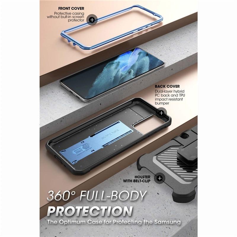 Samsung Galaxy S21 Ultra UB Pro Full-Body Case in black, showcasing rugged design and kickstand feature.