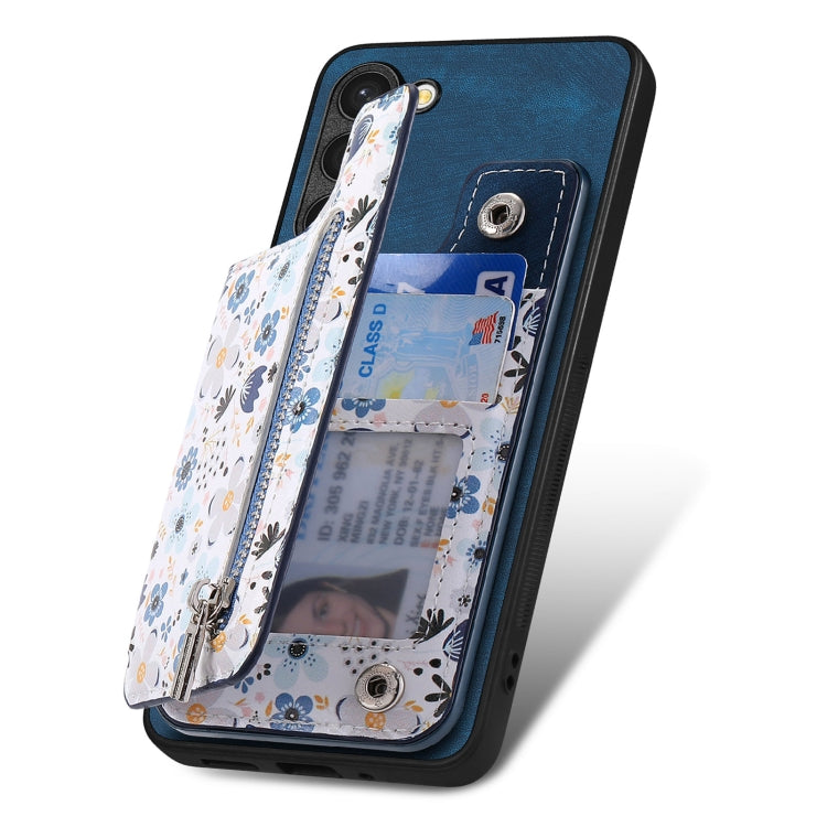 Samsung Galaxy S24+ 5G Retro Painted Zipper Wallet Case showcasing its stylish design and functional features.