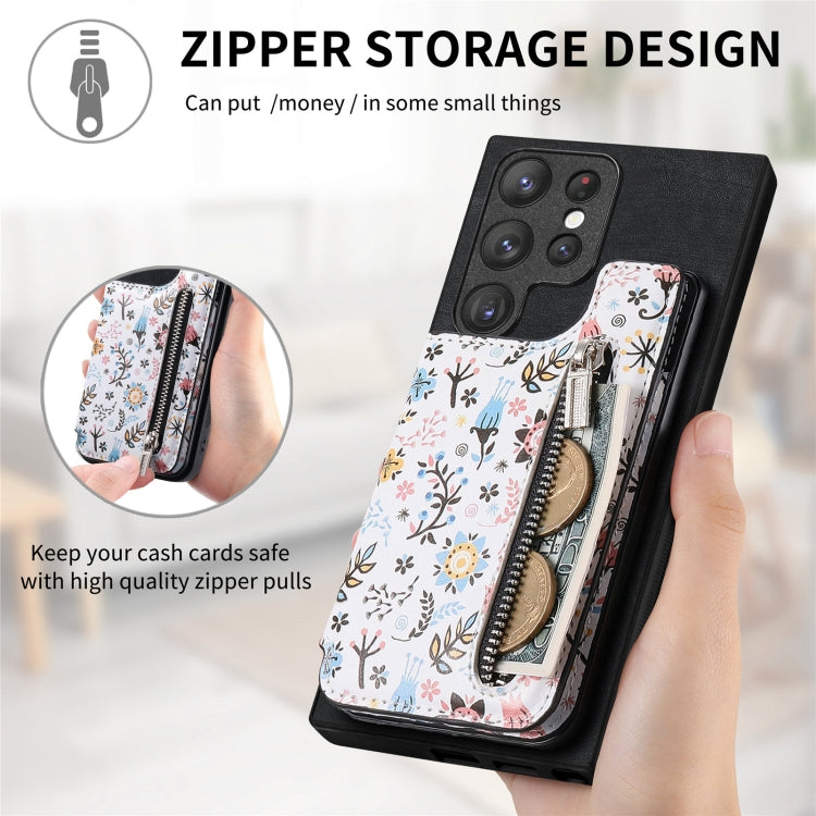 Retro painted zipper wallet case for Samsung Galaxy S24 Ultra 5G, showcasing its stylish design and functional features.