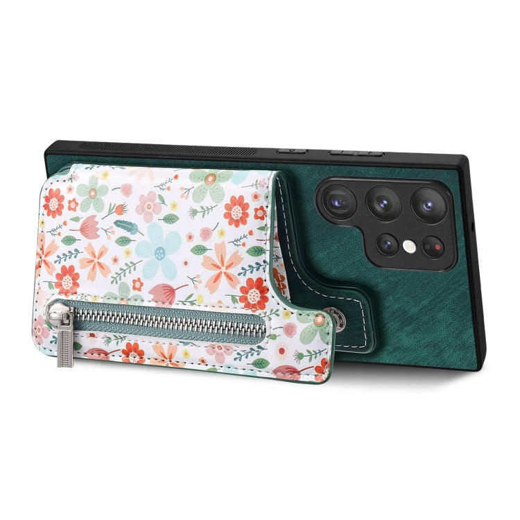 Retro painted zipper wallet case for Samsung Galaxy S24 Ultra 5G, showcasing card slots and kickstand feature.