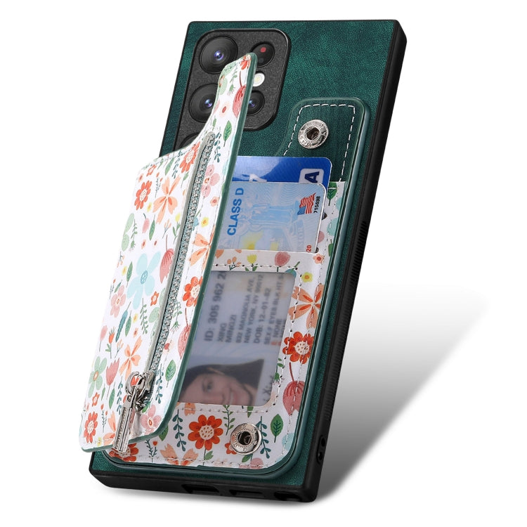 Retro painted zipper wallet case for Samsung Galaxy S24 Ultra 5G, showcasing card slots and kickstand feature.