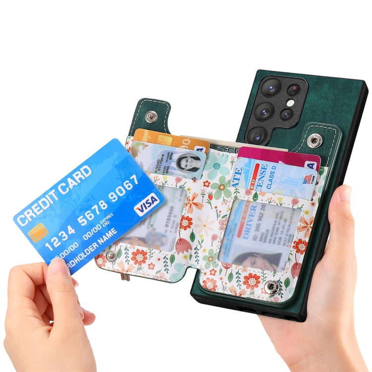 Retro painted zipper wallet case for Samsung Galaxy S24 Ultra 5G, showcasing card slots and kickstand feature.