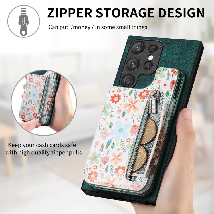 Retro painted zipper wallet case for Samsung Galaxy S24 Ultra 5G, showcasing card slots and kickstand feature.