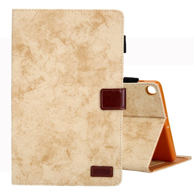 Yellow leather tablet case for Samsung Galaxy Tab A9, showcasing a cloth texture and stand design for protection and convenience.