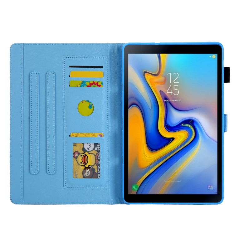 Blue leather tablet case for Samsung Galaxy Tab A9, featuring card slots and a stand for convenience.