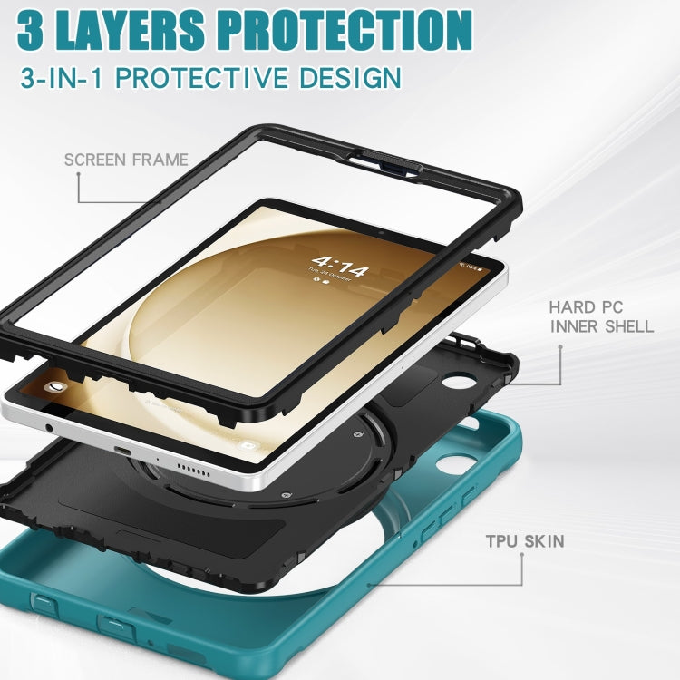 Shockproof TPU + PC protective case for Samsung Galaxy Tab A9, showcasing its durable design and holder feature for convenient viewing.