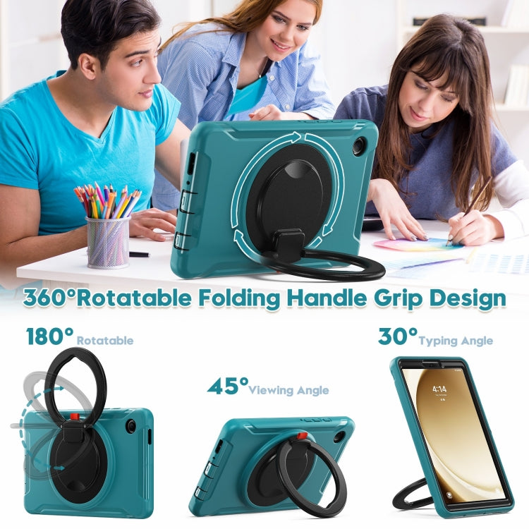 Shockproof TPU + PC protective case for Samsung Galaxy Tab A9, showcasing its durable design and holder feature for convenient viewing.