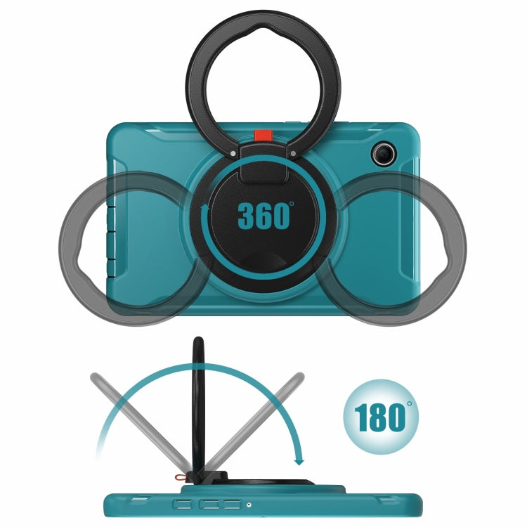 Shockproof TPU + PC protective case for Samsung Galaxy Tab A9, showcasing its durable design and holder feature for convenient viewing.