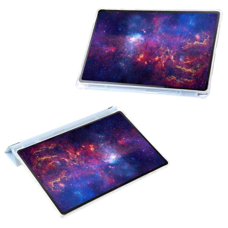 Clear acrylic deformation leather tablet case for Samsung Galaxy Tab S9+, showcasing its sleek design and durable materials.