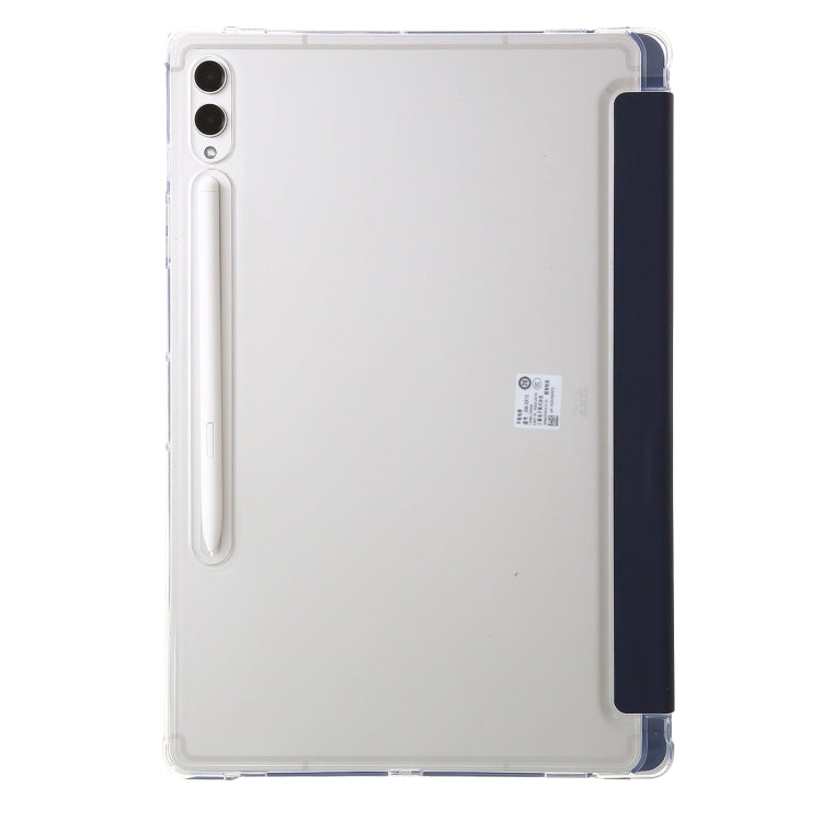 Clear acrylic deformation leather tablet case for Samsung Galaxy Tab S9, showcasing its sleek design and durable materials.