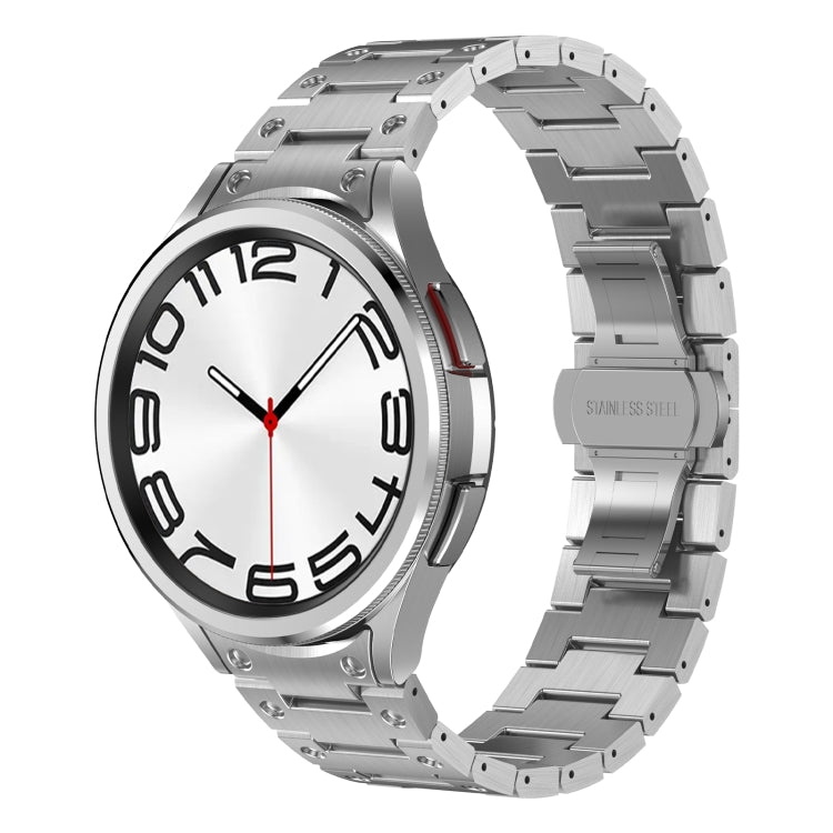 Stylish stainless steel strap for Samsung Galaxy Watch 6, featuring a butterfly snap design and adjustable length in silver, black, and titanium gray.