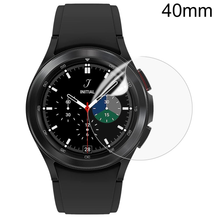 Soft hydrogel film screen protector for Samsung Galaxy Watch4 40mm, showcasing its clarity and precise cut.