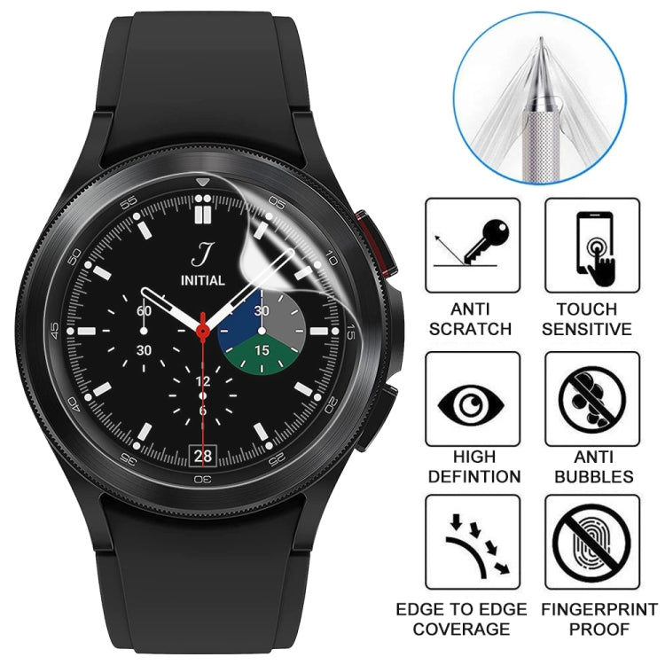 Soft hydrogel film screen protector for Samsung Galaxy Watch4 40mm, showcasing its clarity and precise cut.