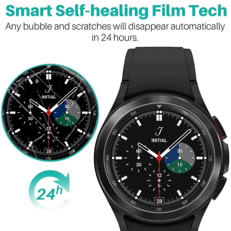 Soft hydrogel film screen protector for Samsung Galaxy Watch4 40mm, showcasing its clarity and precise cut.