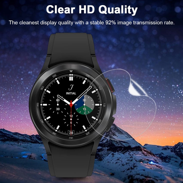 Soft hydrogel film screen protector for Samsung Galaxy Watch4 40mm, showcasing its clarity and precise cut.