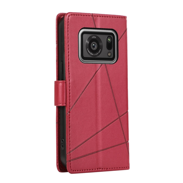 For Sharp Aquos R6 PU Genuine Leather Texture Embossed Line Phone Case showcasing its durable design and wallet functionality.