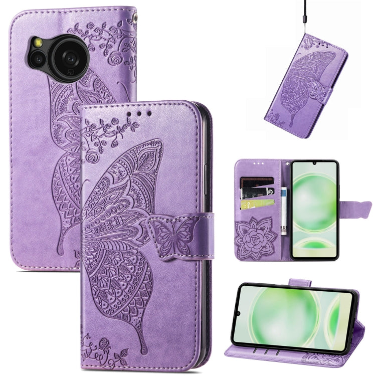 Butterfly Love Flower embossed leather phone case for Sharp Aquos Sense8, featuring floral and butterfly designs.