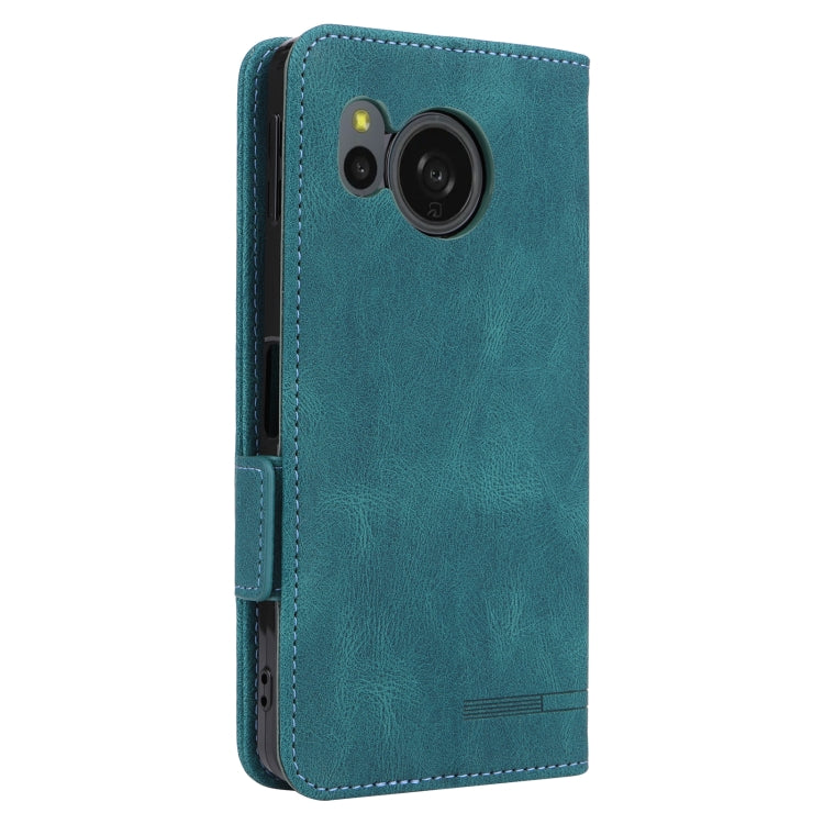 Green magnetic clasp leather phone case for Sharp Aquos Sense8, showcasing its elegant design and functional features.