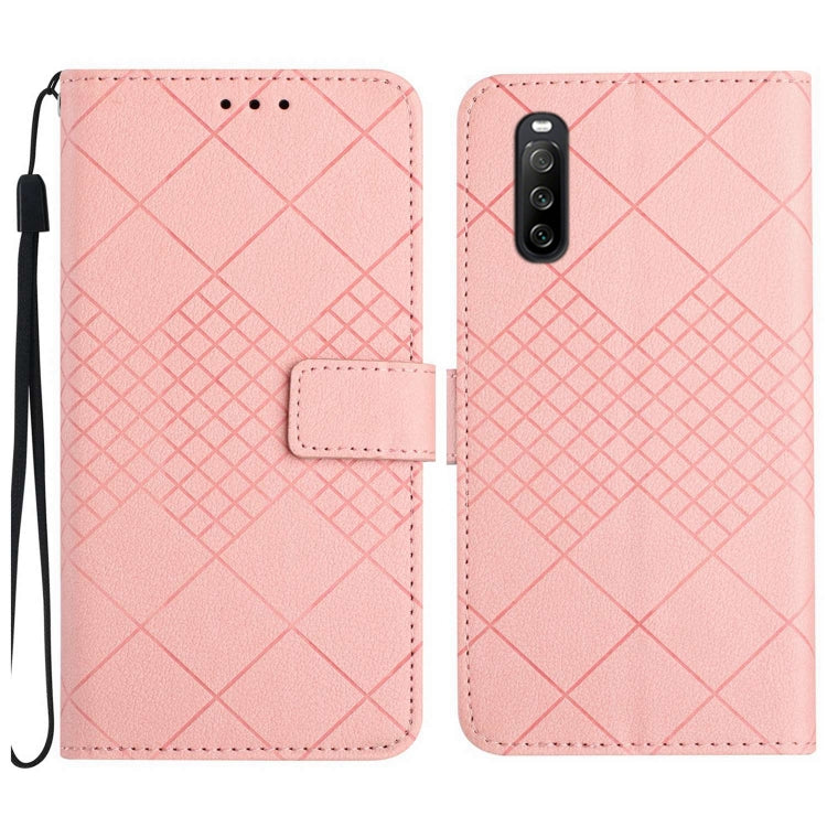 Pink leather phone case for Sony Xperia 10 IV with rhombic grid texture, showcasing its stylish design and functionality.